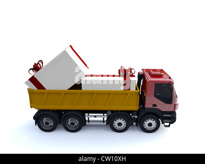 großer LKW mit großen Geschenken Stockfoto