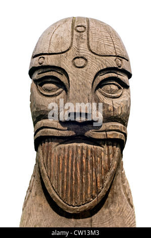 Viking Kopf aus Holz geschnitzt Stockfoto