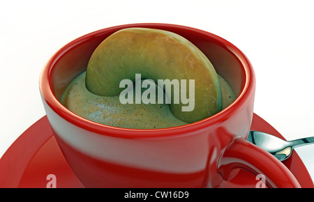 rote Kaffeetasse mit einem kleinen Donut innerhalb Stockfoto