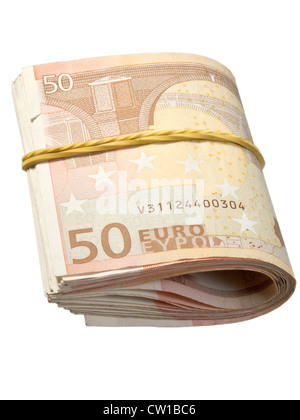 50-Euro-Banknoten unter Gummiband Stockfoto