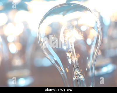 Nahaufnahme von Glühbirnen beleuchtet. Power-Verbrauch-Konzept. Stockfoto