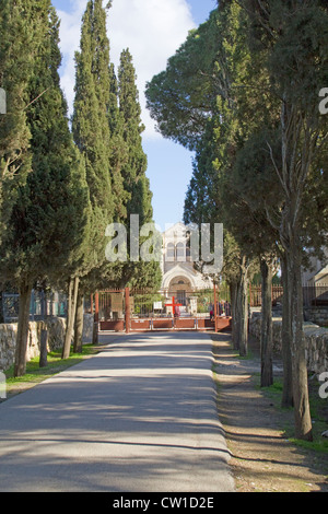 Berg Tabor Eintritt in die Kirche der Verklärung, Israel. Stockfoto