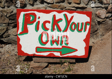 Ein handgemaltes Schild für einen Pick Your Own Farm in Ashprington, Devon Stockfoto