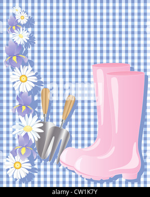 ein Beispiel für ein paar rosa Wellington Stiefel mit Kelle und Gabel und Blumenschmuck auf blau karierte Hintergrund Stockfoto