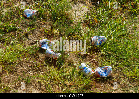 Sechs leeren Bierdosen auf dem Boden liegend, die durch einen unvorsichtigen Trinker verworfen worden. Stockfoto