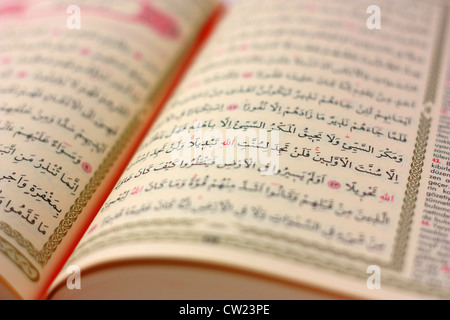 Heiliger Koran Seite selektiven Fokus auf Wort "Allah" (Gott). Stockfoto