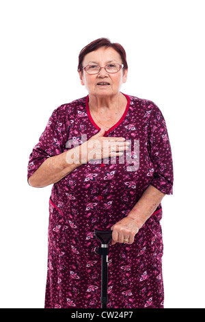 Porträt von überrascht senior Frau, isoliert auf weißem Hintergrund. Stockfoto