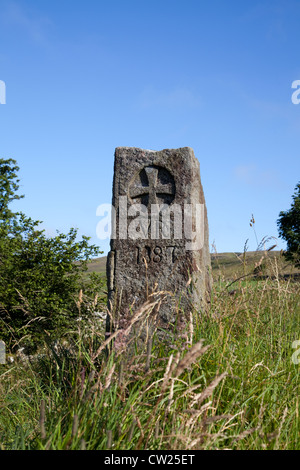 Carven auf eine überdachte Steindenkmal Flechten 1887 VR, in der Nähe Swarthghyll Hof, Oughtershaw, North Yorkshire Dales, UK Stockfoto