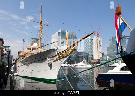 Königliche Yacht Dannebrog vor Anker in Canary Wharf während den Olympischen Spielen 2012 in London Stockfoto