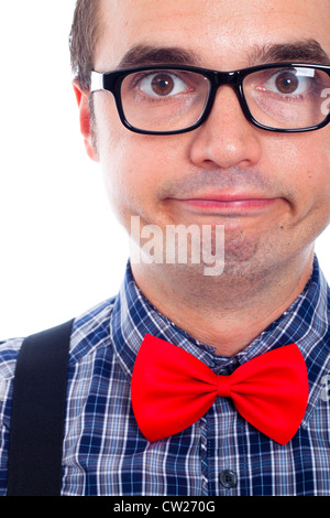 Nahaufnahme von lustige Nerd Mann Gesicht. Stockfoto