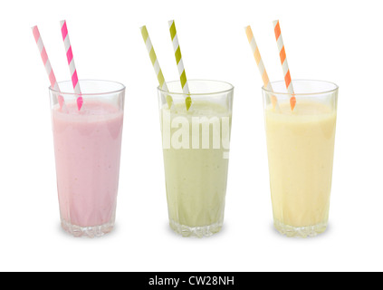 Drei Frucht-Smoothies in Gläsern mit bunte Strohhalme Stockfoto