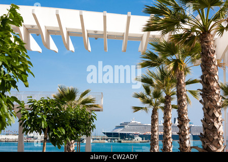 Malaga Spanien. Kreuzfahrtschiff mit Palmen. Moderne Hafenpromenade El Palmeral de las Sorpresas mit Holland America Line Noordam in Málaga Stockfoto