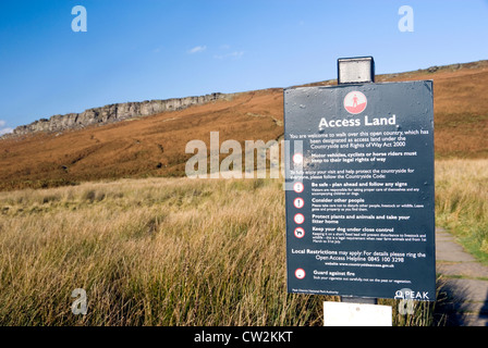 Peak District Zugang Land Wegweiser am Fuße des Pfads zum Stanage Edge Gritstone Escarpment Klippe, Derbyshire, Peak District UK Stockfoto