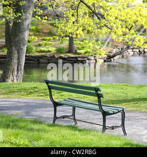 Leere hölzerne Parkbank mit Blick auf einen See oder Teich in Halifax Public Gardens, Halifax, Nova Scotia, Kanada. Stockfoto