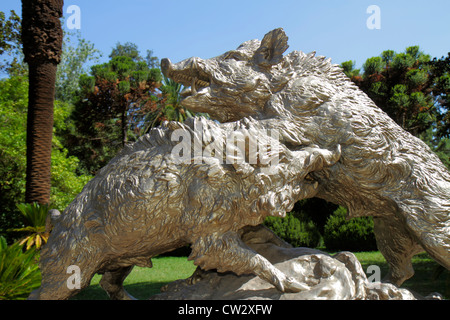 Mendoza Argentinien, Parque General San Martin, öffentlicher Park, Eingang, Wildschwein, jabali, Statue, Gießen, Skulptur, Duval D’Osne Foundry, 1910, Wildtier, Kampf Stockfoto