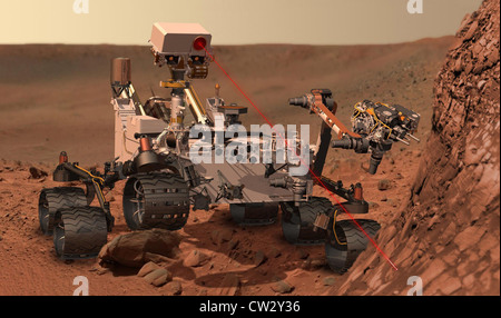 Künstlers Konzept des Mars Science Laboratory Rover Neugier NASA mission Test Boden und Felsen Stockfoto