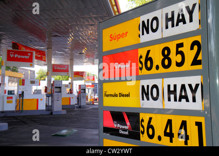 Mendoza Argentinien, Avenida Barlotome Mitre, Shell, Tankstelle, Benzin, Benzin, Pumpe, Preise, spanische Sprache, zweisprachig, Schild, Diesel, hohe Oktanzahl, Preis, Pesos Stockfoto