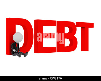 3D Mann sitzt traurig mit Text "Schulden". Stockfoto
