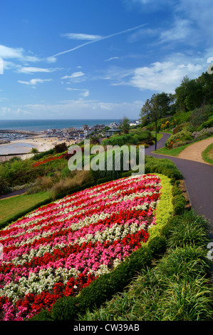 Langmoor Gärten mit Blick auf Hafen, Strand & der Cobb, Lyme Regis, Dorset, UK Stockfoto