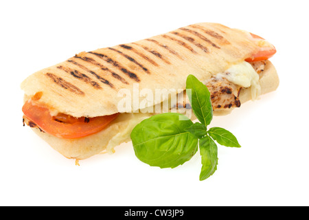 Gegrilltes Hähnchen, Tomate und Mozzarella Käse Panini Sandwich - Studio gedreht mit weißem Hintergrund Stockfoto