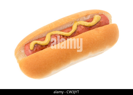 Hot Dog mit Senf - Studio gedreht mit weißem Hintergrund Stockfoto