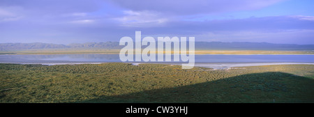 Panoramablick auf Soda See bei Sonnenuntergang in Carrizo Plain National Monument, San Luis Obispo County, Kalifornien Stockfoto