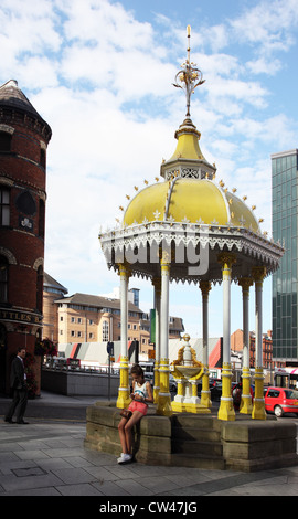 Junges Mädchen auf dem Handy, Jaffe-Brunnen, Stadtzentrum von Belfast, Nordirland Stockfoto