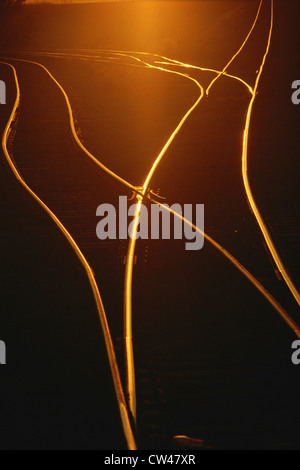 Sonne reflektiert Eisenbahnschienen Stockfoto