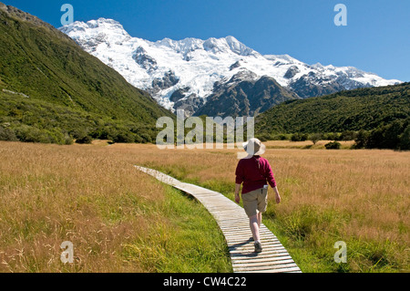 Auf dem Weg der Kea Point in der Nähe von Mt Cook Village, nach Nordwesten bis zu den Gipfeln des Mt Sefton und der Hocker auf die große Kluft Stockfoto