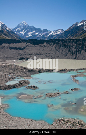 Blick nach Norden zum Mount Cook über das Tal des jetzt zurückgezogen Mueller Glacier, Neuseeland Stockfoto