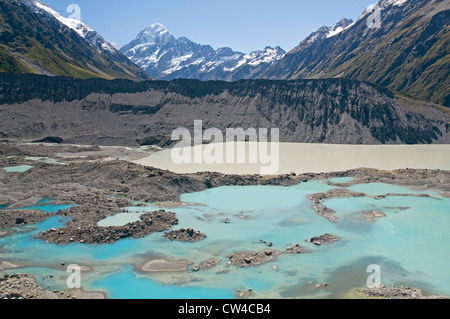 Blick nach Norden zum Mount Cook über das Tal des jetzt zurückgezogen Mueller Glacier, Neuseeland Stockfoto