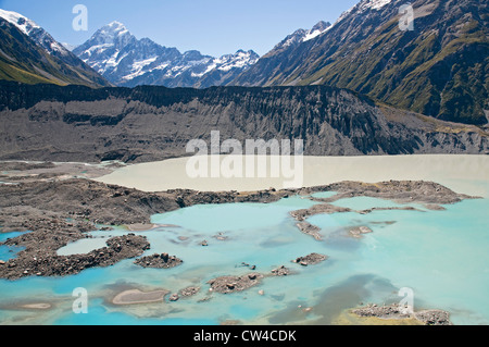 Blick nach Norden zum Mount Cook über das Tal des jetzt zurückgezogen Mueller Glacier, Neuseeland Stockfoto