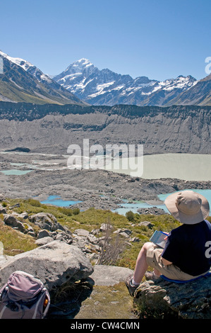 Blick nach Norden zum Mount Cook über das Tal des jetzt zurückgezogen Mueller Glacier, Neuseeland Stockfoto