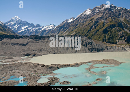 Blick nach Norden zum Mount Cook über das Tal des jetzt zurückgezogen Mueller Glacier, Neuseeland Stockfoto