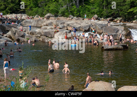 Schwimmer an einem heißen Sommernachmittag am unteren fällt der Swift River in White Mountain National Forest. Stockfoto