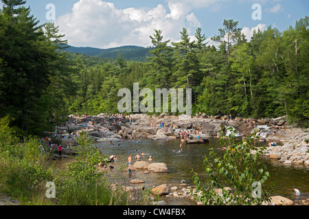 Schwimmer an einem heißen Sommernachmittag am unteren fällt der Swift River in White Mountain National Forest. Stockfoto