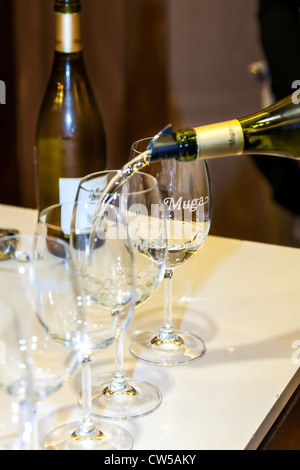 La Rioja, Haro, Spanien, Europa. Schön knackig Weißwein in ein Glas Wein gegossen wird. Stockfoto