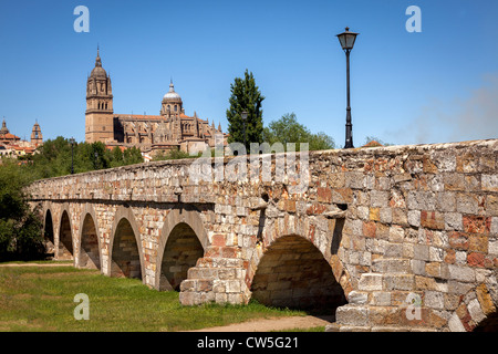 Atemberaubende Aussicht von der Puente Romano (Römerbrücke) in Salamanca, Spanien, Europa. Stockfoto