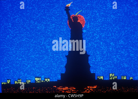 Frühe Computergrafik der Statue of Liberty mit blauem Hintergrund Stockfoto