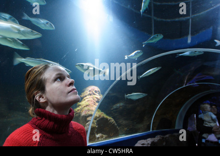 Junge Frau, wo Fische im Aquarium auf Sylt Stockfoto