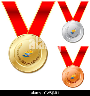 Gold Silber Bronze Medaillen mit Band weißen Hintergrund-Set Stockfoto