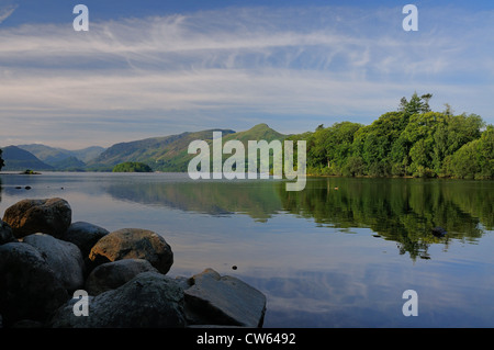 Katze-Glocken und Derwent Insel spiegelt sich in Derwent Water an einem ruhigen Sommermorgen im englischen Lake District Stockfoto