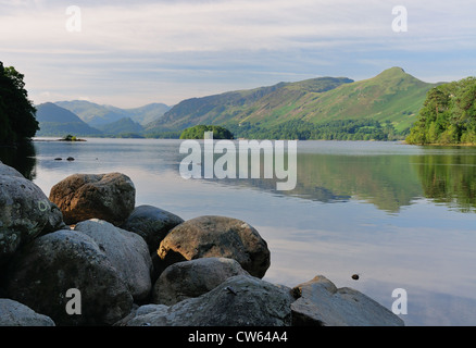 Katze-Glocken und Derwent Insel spiegelt sich in Derwent Water an einem ruhigen Sommermorgen im englischen Lake District Stockfoto