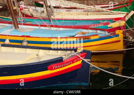 Bunte Segelschiffe in den kleinen Hafen von Collioure, Languedoc-Roussillon, Frankreich Stockfoto