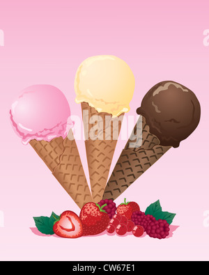 zur Veranschaulichung der drei Varianten von Eiscreme-Kegel mit einer Anordnung von Früchten und Minze Blätter auf einem rosa Hintergrund Stockfoto