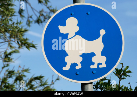 lustige Schild mit einem Poddle Angabe am Hundestrand - Hunde erlaubt, Deutschland, Schleswig-Holstein, Kellenhusen Stockfoto