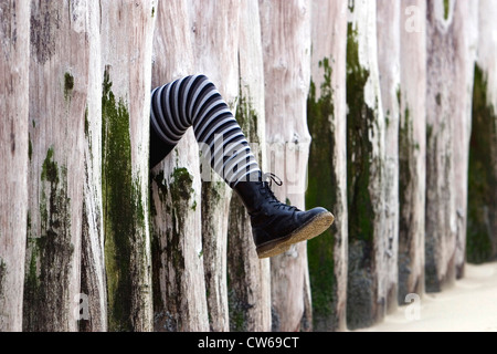 Bein mit gestreiften Socken und Springerstiefel zwischen hölzernen Buhne, Niederlande, Zeeland Stockfoto