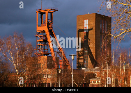 Kopfbedeckungen der Zeche Zollverein, Schacht 1/2/8 im Abendlicht, Essen, Ruhrgebiet, Nordrhein-Westfalen, Deutschland Stockfoto