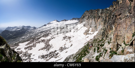 Panorama der Pyrenäen Ansicht von Portillon Sueropior Pass auf dem Weg zum Pico de Aneto, höchster Punkt des Bereichs. Stockfoto
