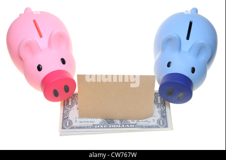 Zwei Sparschweine stehen Seite an Seite mit Dollarnoten und ein leeres Blatt Papier Stockfoto